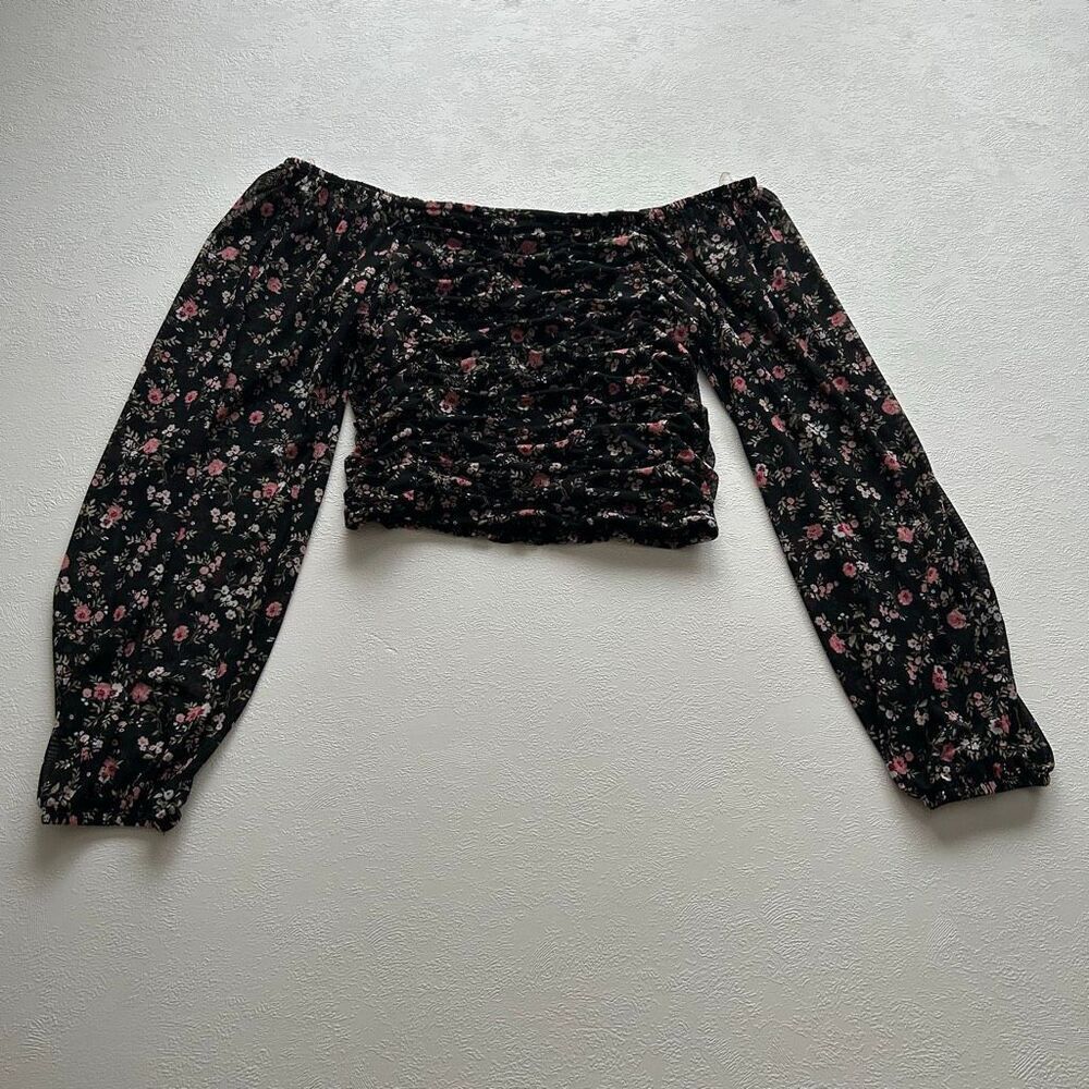 Crave Fame Black Floral Smocked Crop Top Puff Sleeve Cottagecore Size S